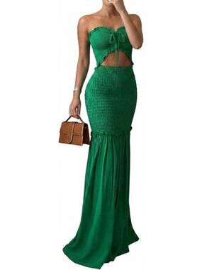 Women's Solid Green Floral Printed Halter Tie Ruched Shirred Ruffle Hem Dress
